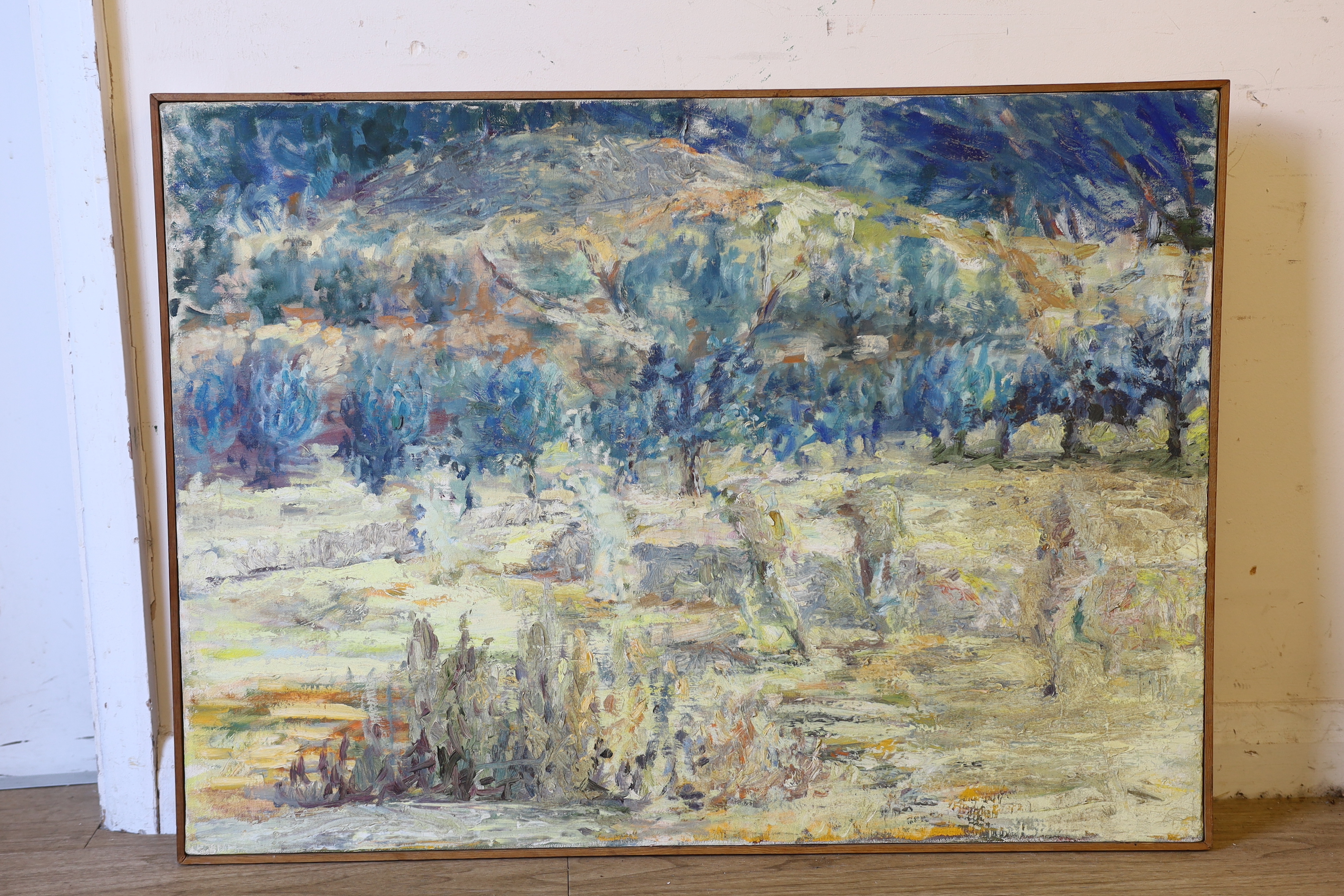 Avner Moriah (b. 1953, Israeli) Abstract oil on canvas, Mountainous landscape, inscribed verso A. Moriah '83, 77 x 56cm